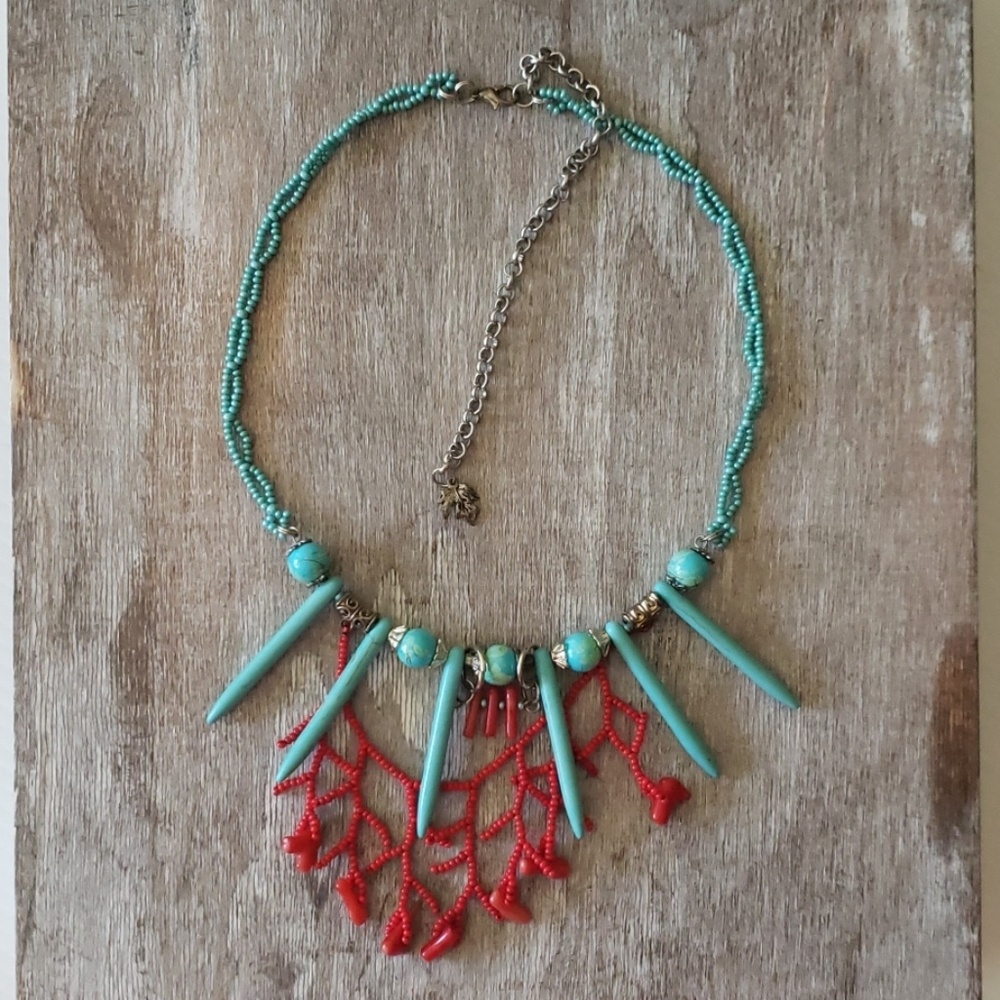 Handmade beaded necklace Turquoise coral jewelry